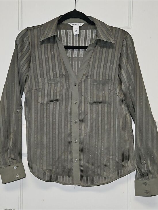 White House Black Market Tops - White House Black Market Olive Sheer Stripe Button Front Shirt